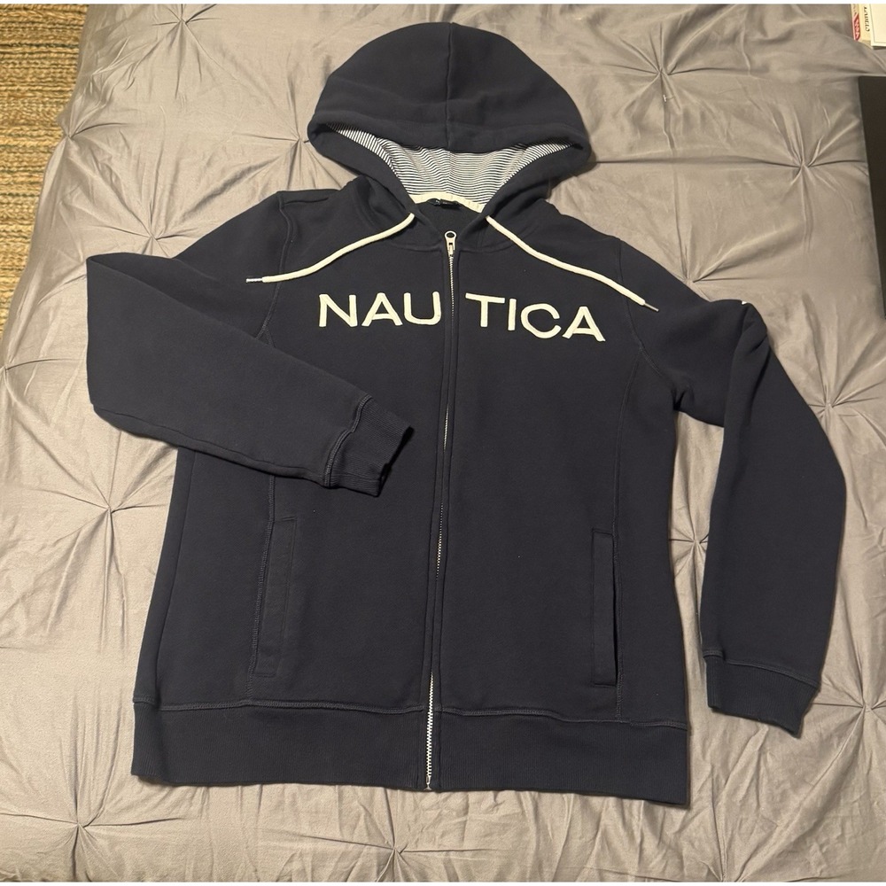 Nautica Men's L Blue Solid Fleece Full Zip Hoodie Hooded Logo Pockets
